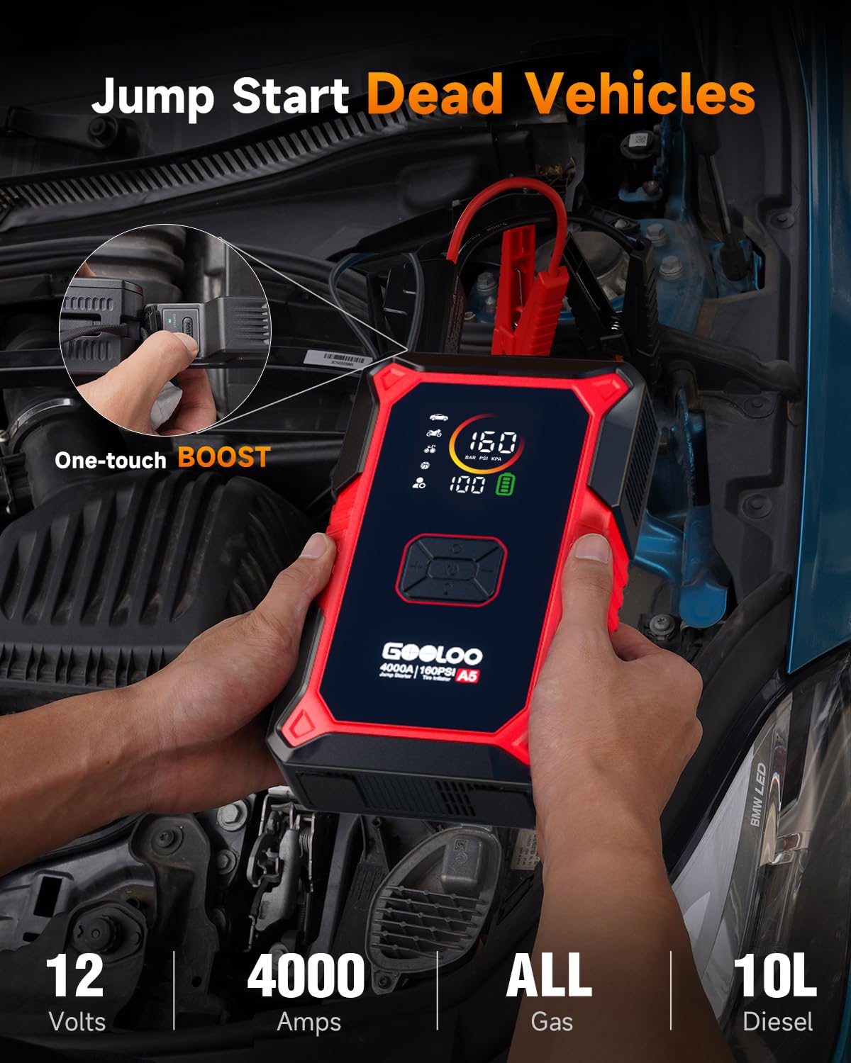 GOOLOO A5 Jump Starter with Air Compressor, 4000A Car Battery Jump Starter (All Gas/10.0L Diesel) with 160PSI Tire Inflator Auto-Off, 45W PD Fast Charging, 12V Jump Box Car Jumper Starter Portable