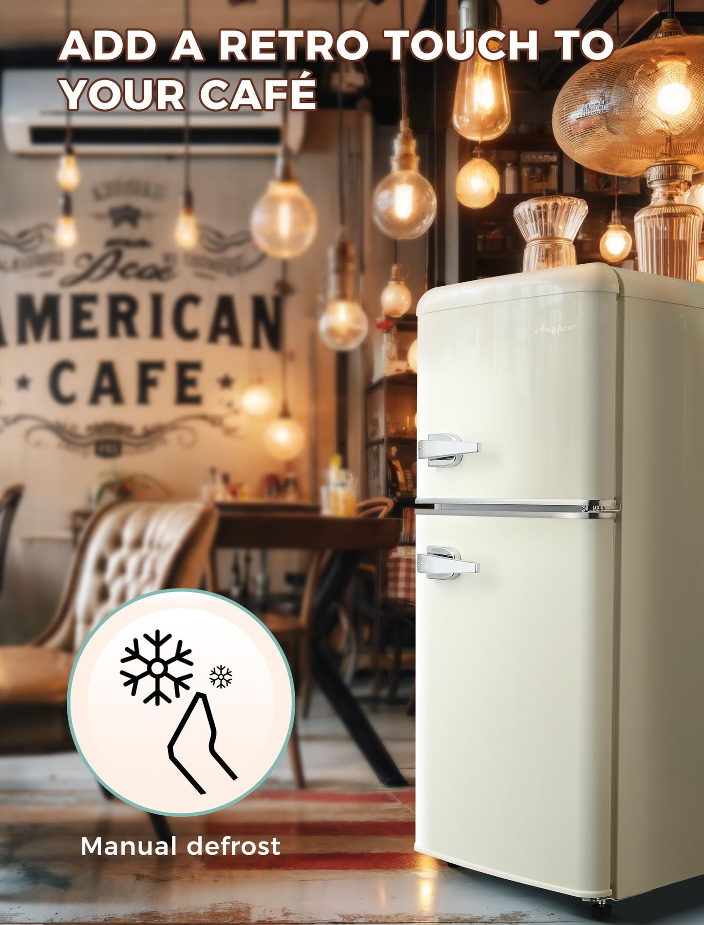 Anypro 3.2 Cu.Ft Refrigerator, Retro Double Door Fridge with Freezer, 7 Adjustable Temperature Settings, Low Noise, Removable Glass Shelves for Dorm, Office, Bedroom, Apartment, White