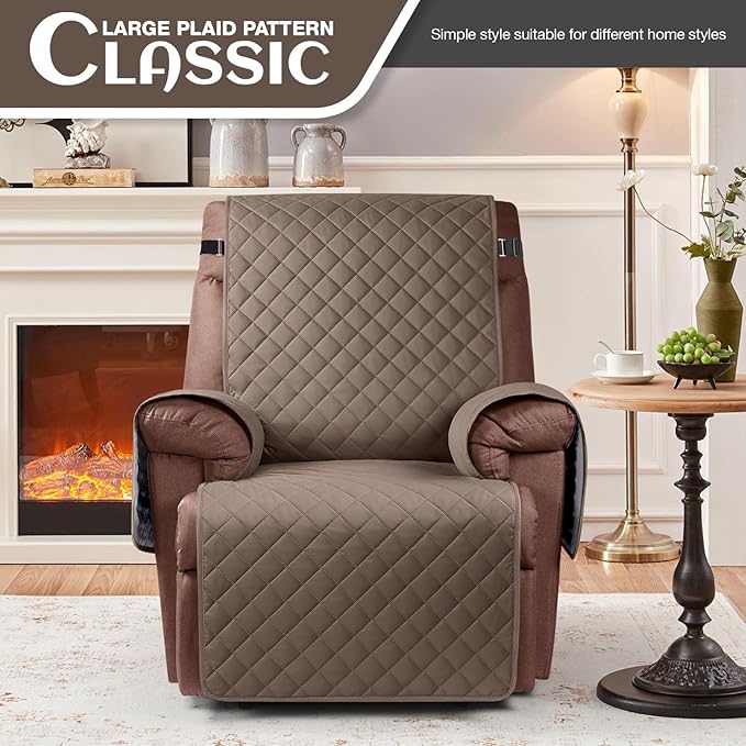 KinCam 100% Waterproof Recliner Chair Cover, Reclining Couch Covers for Pets, Dogs, Recliner Couch Slipcover Furniture Protector with Elastic Straps for Kids(25", Brown)