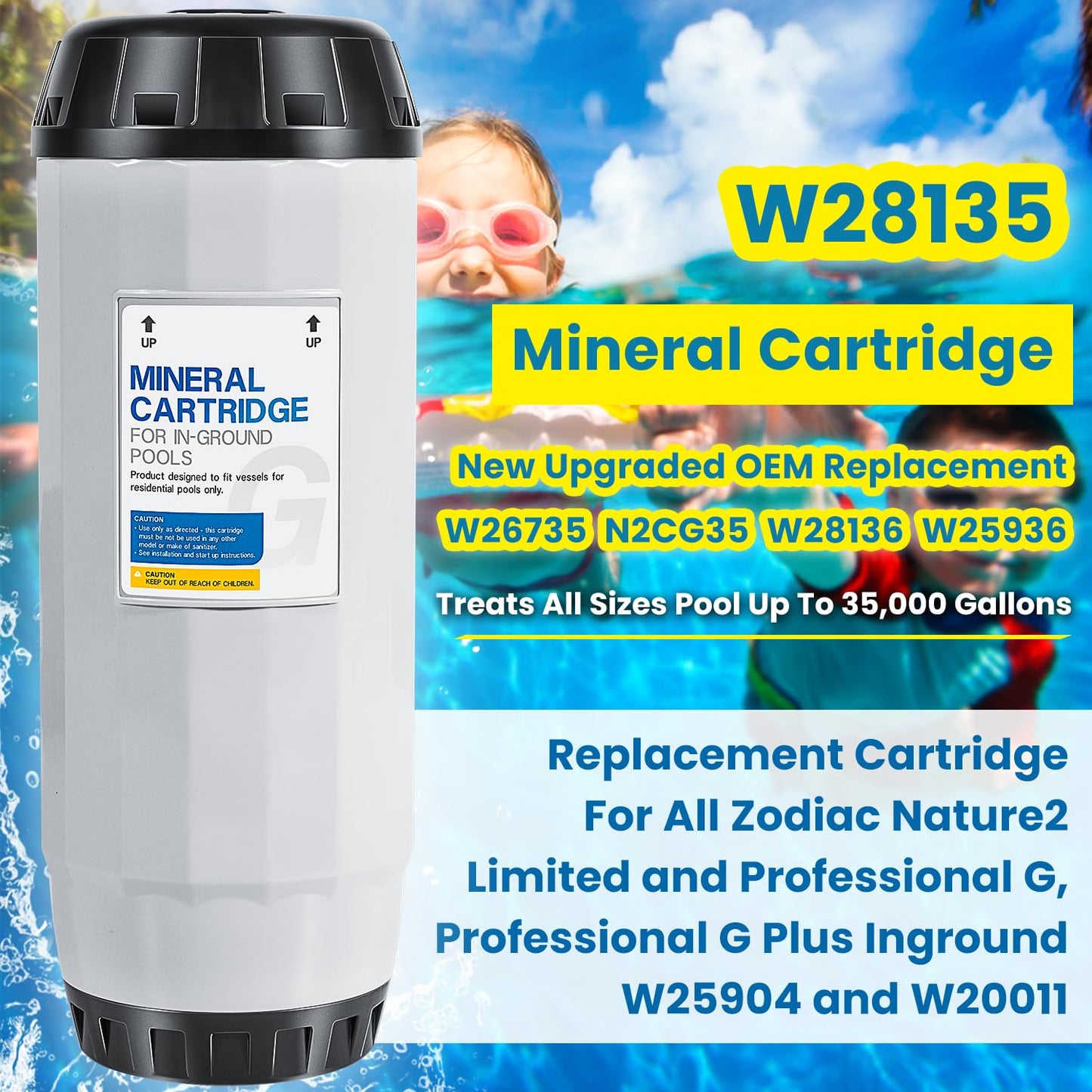 Replacement For Nature2 G35 Mineral Cartridge W28135 N2CG35 W26735 for All Zodiac Limited & Professional G or Pro G Plus Vessel Inground Swimming Pool System W25904 & W20011 Pools Up To 35,000 Gallons