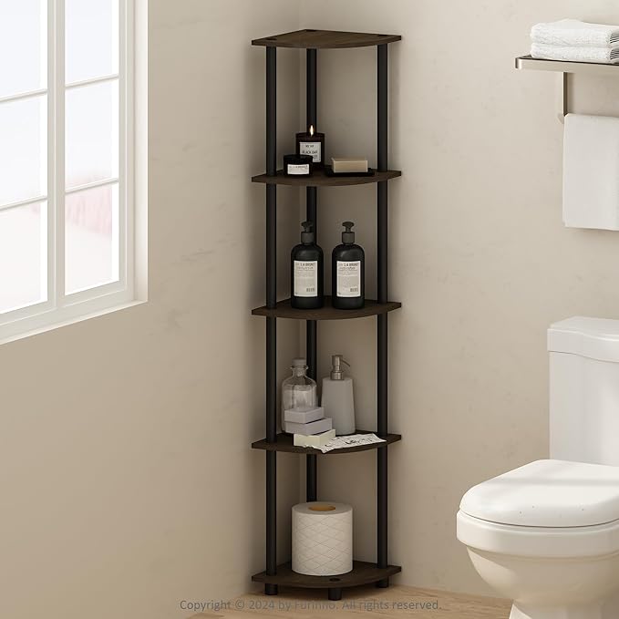 Furinno Turn-N-Tube Storage Shelves, 5-Tier Book Shelf, Corner Shelf, Toolless Open Shelves, for Organization and Storage, Living Room, Home Office, Hallway, Bedroom, Dark Brown Grain