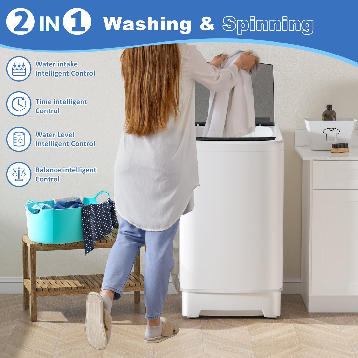 Erivess 15lbs Portable Washing Machine, 1.9 Cu.Ft Full Automatic Washer and Dryer Combo with 8 Wash Programs, Compact Laundry Washer for Apartment, Dorm, RV, Small Spaces, Lavadora