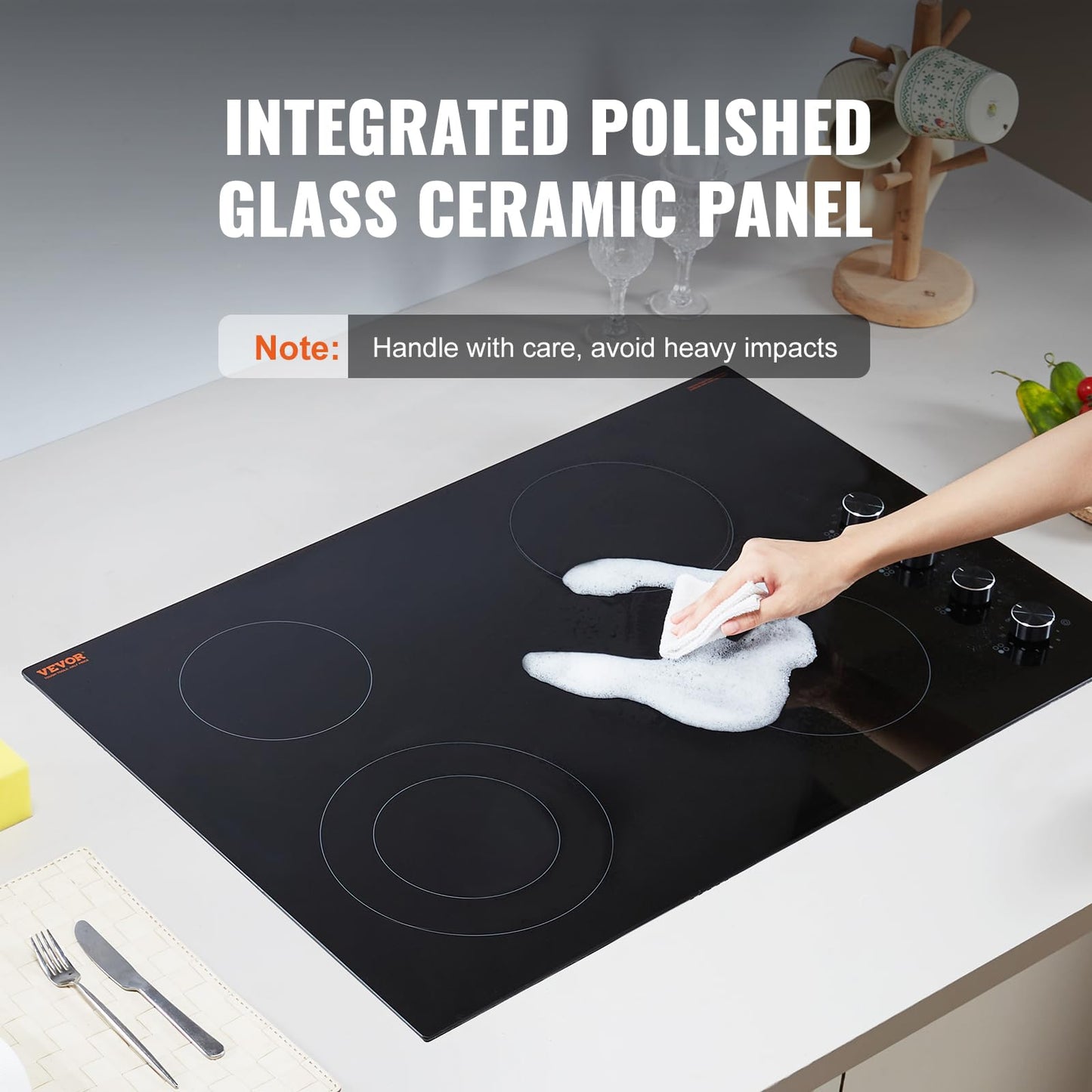 VEVOR Electric Ceramic Cooktop, Built-in Electric Stove Top, with Glass Panel, Knob Control, 11 Heat Levels, for Diverse Cooking Requirements (30inch-4burners/220V)