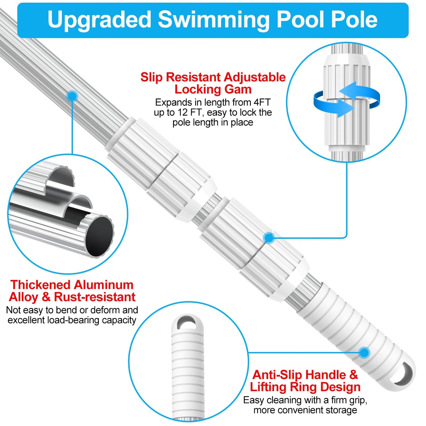 YEECHUN Professional Thicken 12 Foot Swimming Pool Pole Telescopic Aluminum Fits Pool Net Skimmer Rake Vacuum Head Brush Cleaning Equipment Heavy Duty,for Skimmer Nets, Vacuum Heads and Brushes