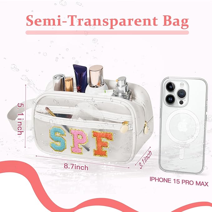COSHAYSOO Clear Sunscreen Bag SPF Beach Vacation Essentials Waterproof Summer Pool Must Have Accessories for Women Teen Girls, Family Beach Day Organizer Toiletry Pouch Travel Gifts Preppy Letter