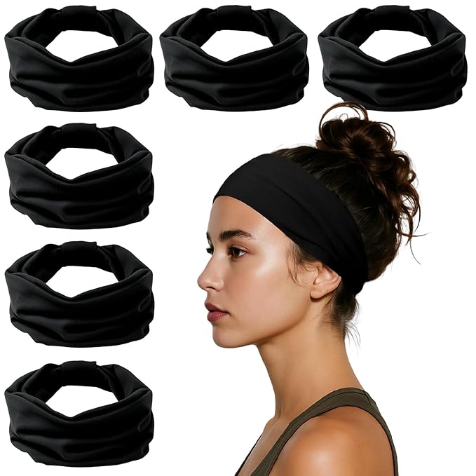 Headbands for Women, Wide Elastic Head Bands, Non-Slip Thick Hair Bands, Sports Stretchy Sweat Bands, Large Knotted Soft Headband for Washing Face, Makeup, Workout, Spa, Fashion, 6-Pack Black