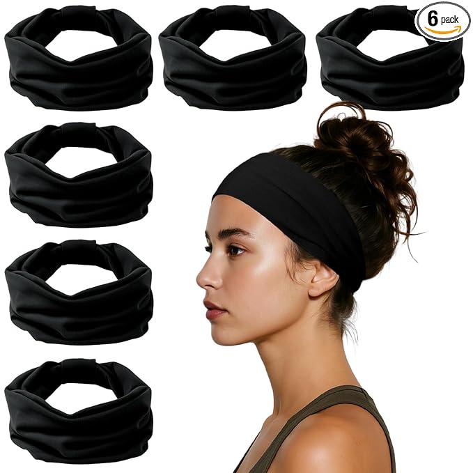 HSEM Headbands for Women, Wide Elastic Head Bands, Non-Slip Thick Hair Bands, Sports Stretchy Sweat Bands, Large Knotted Soft Headband for Washing Face, Makeup, Workout, Spa, Fashion, 6-Pack Black