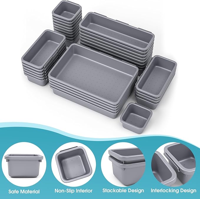 33 PCS Drawer Organizer Set, 4 Size Makeup Drawer Divider Organizer With Non-Slip Pads, Interlocking Plastic Storage Bins for Office,Jewelry Vanity,Gadgets, Bathroom,Kitchen, Grey