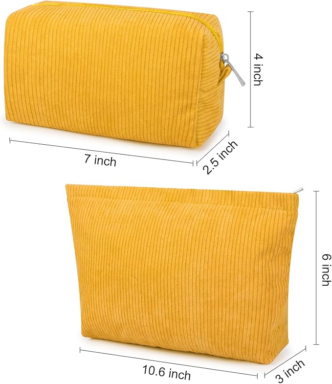 SOIDRAM 2 Pcs Corduroy Makeup Bag Large Cosmetic Bag Toiletry Bag Makeup Pouch Travel Bag Organizer Cute Makeup Brushes Aesthetic Accessories Storage Bag for Women Mustard Yellow