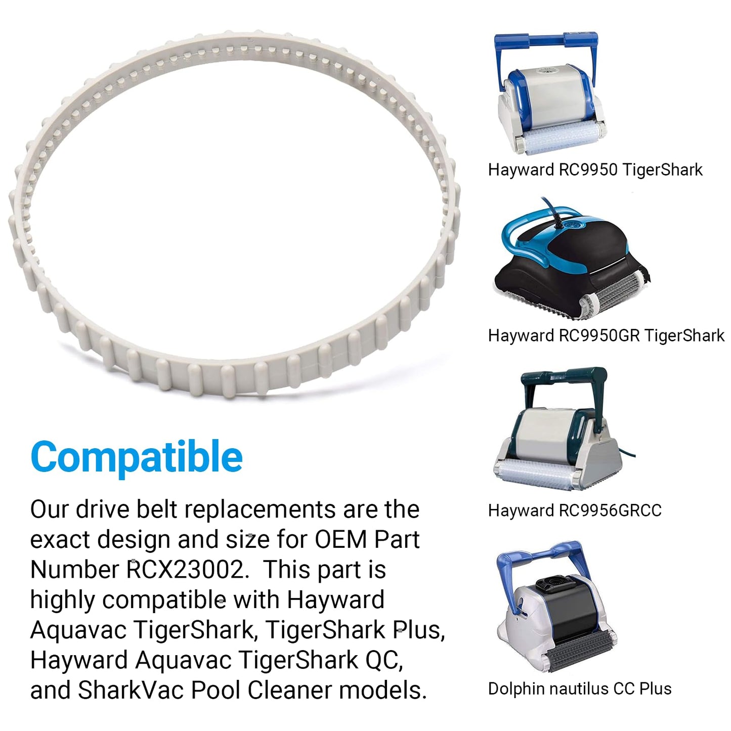 (2 Pack) AR-PRO RCX23002 Replacement Soft Tread Drive Belt - Premium, Heavy-Duty Rubber Pool Cleaner Parts | Compatible with Aquavac Tiger Shark (Plus and QC) and SharkVac Pool Cleaners