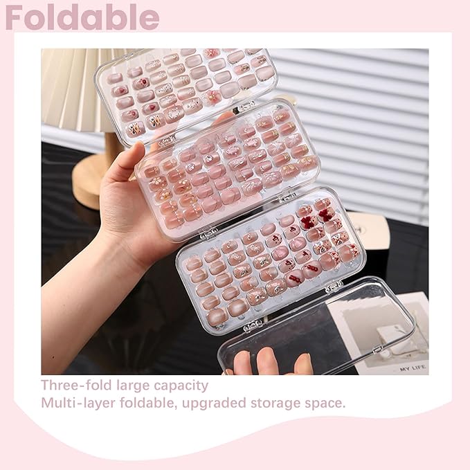 Tri-Fold Press On Nail Organizer Case - 4-Page Portable Storage Box for Fake Nails, Clear PET Plastic Travel Holder (6ÃÂ3.2ÃÂ1.8 inch)