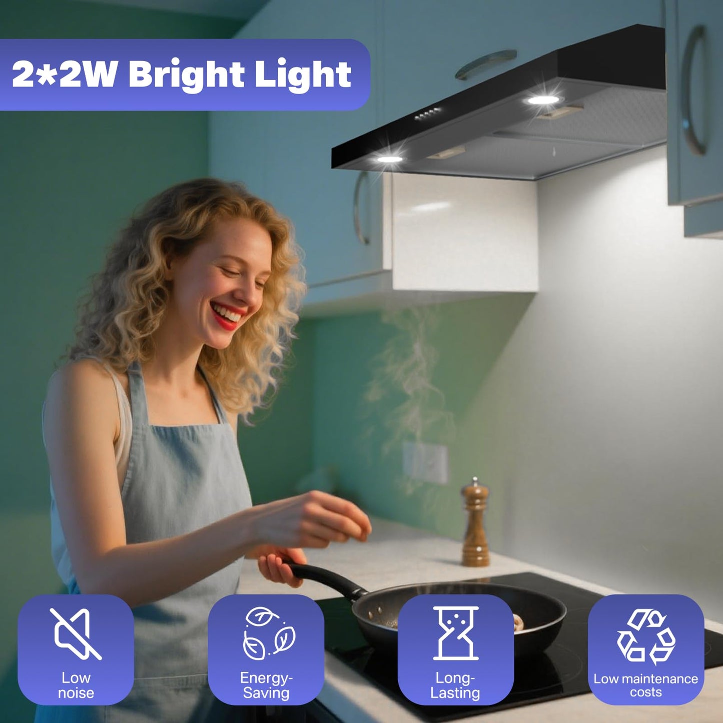 Argyolas 30 Inch Under Cabinet Range Hood, Ductless Oven Hood Vent Convertible to Ducted, Kitchen Stove Extractor with Charcoal Filter and Foil Pipe
