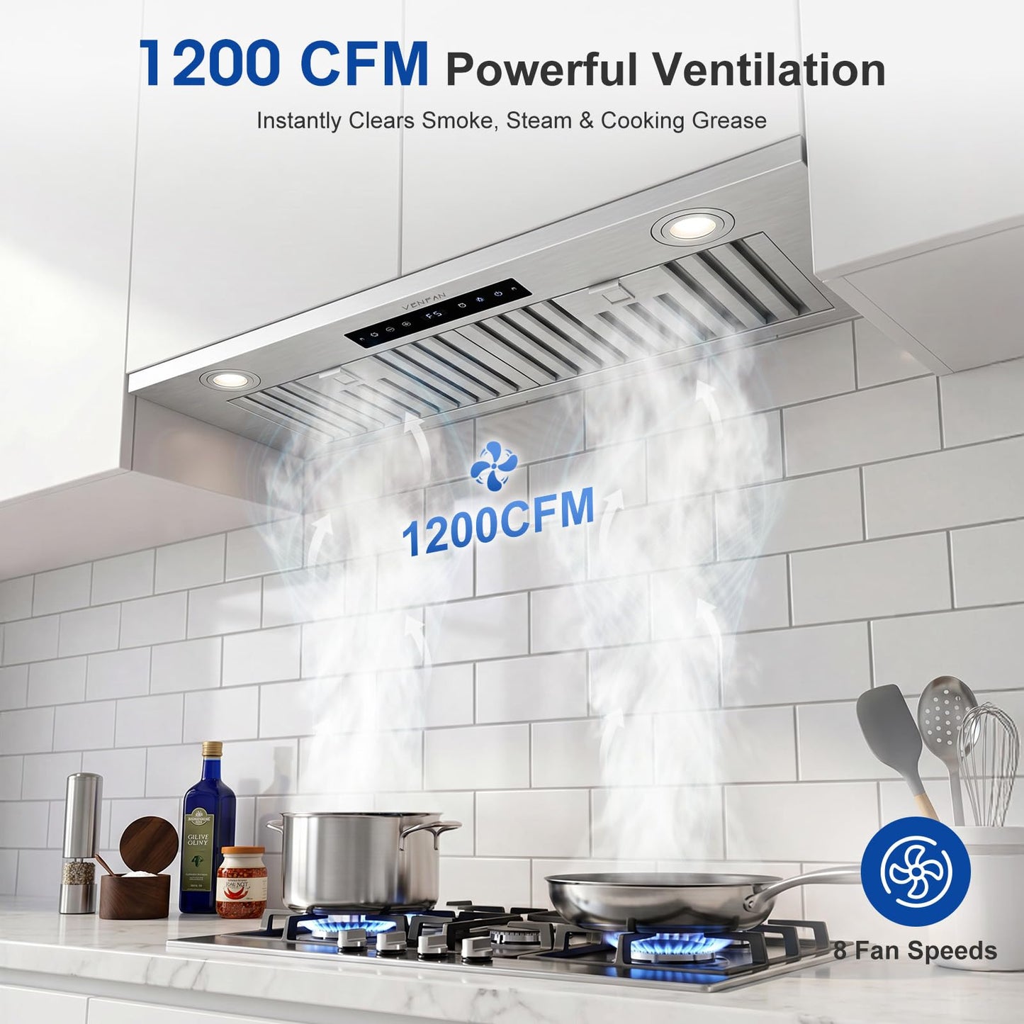 VENFAN 30 Inch Insert Range Hood, 1200 CFM DC Motor Kitchen Vent Hood with Gesture Sensing & Touch Control, Ducted/Ductless Convertible Built-in Range Hood, Stainless Steel