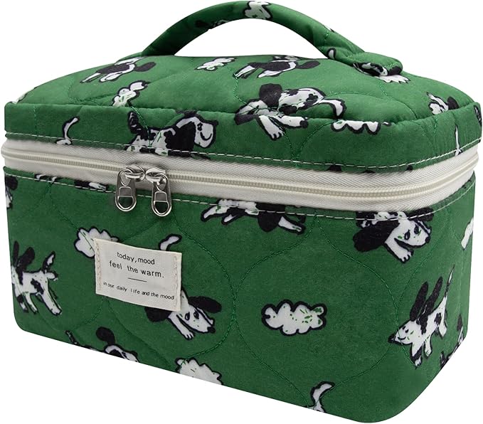 Large Makeup Bag, Cute Cosmetic Bag for Women Girls, Floral Coquette Aesthetic Toiletry Bag, Travel Make Up Organizer Bag (Green Dog Print