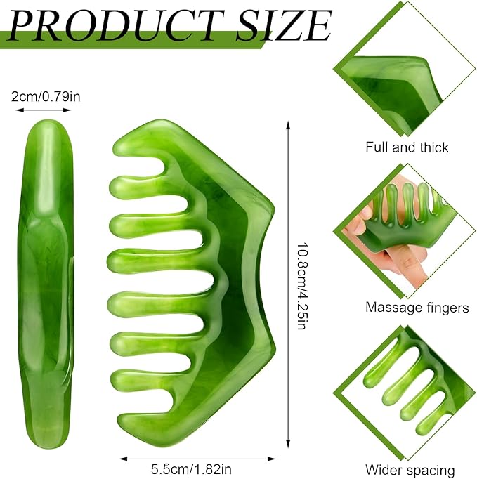 Geiserailie 2 Pcs Jade Combs Esthetician Supplies Massage Stone Hair Gua Sha Scraping Scalp Comb Facial Massage Tool Handheld Head Tools Head Caring Therapy Valentines for Women(Dark Green Style)