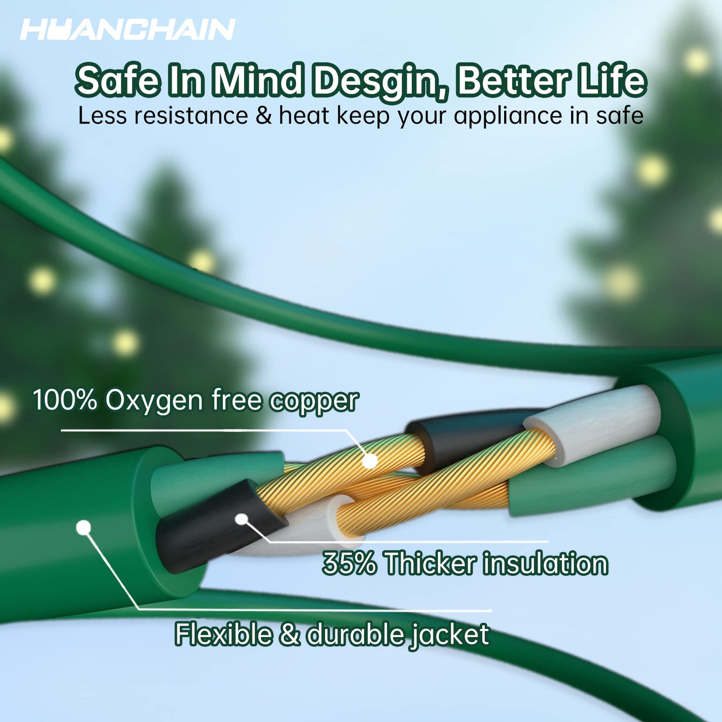 HUANCHAIN Indoor Outdoor Green Extension Cord 25 ft Waterproof, 16/3 Gauge Flexible Cold-Resistant Appliance Extension Cord Outside, 13A 1625W 16AWG SJTW, 3 Prong Electric Cable, ETL