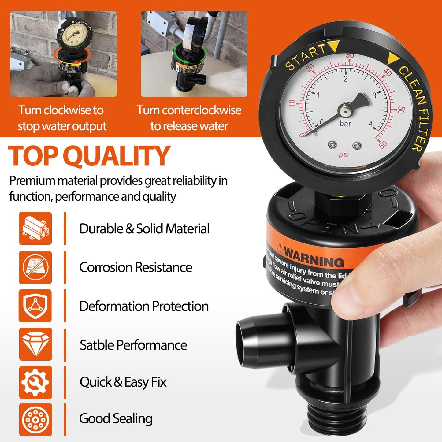 DearChan 98209800 High Flow Manual Relief Valve/Air Relief Manual Valve Assembly with Pressure Gauge, Replacement for Pool and Spa Filter (2 PACK-98209800)
