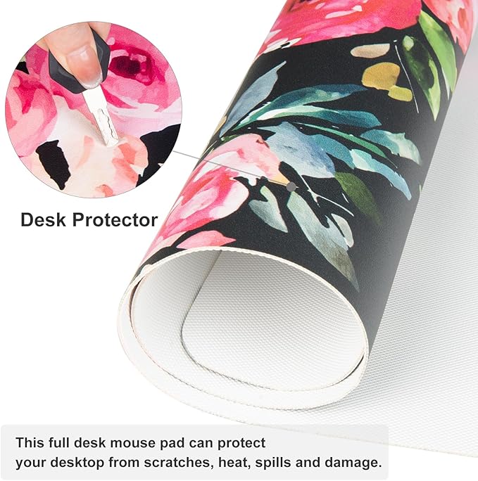 QIYI Large Mouse Pad, Floral Desk Mat for Desktop, Women Girls Watercolor Pink Flowers Office D??cor Desk Accessories, PU Leather Waterproof Gaming Mousepad, Black Desk Pad Computer Mat, 31.5" x 11.8"