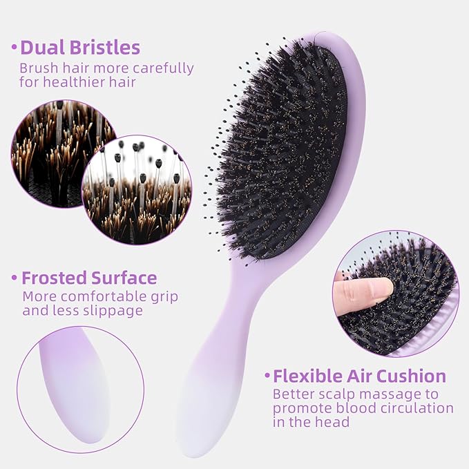 Boar Bristles Hair Brush for Women and Men, Detangling Hair Brush for Smoothing Massage Add Shine, Nylon&Boar Bristles Detangler brush for Hair Healthy (1 Pcs-Purple&White)