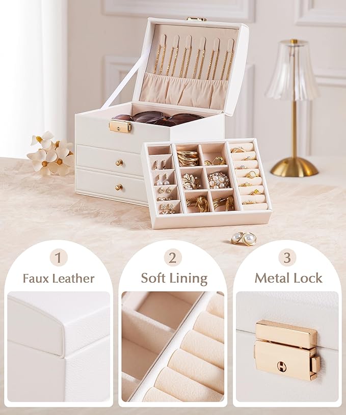 Homde Girls Jewelry Box with Lock: 3 Layer Organizer with Removable Tray - Storage for Ring Necklace Earring - Birthday & Return Gifts for Young Women (Cloud White)