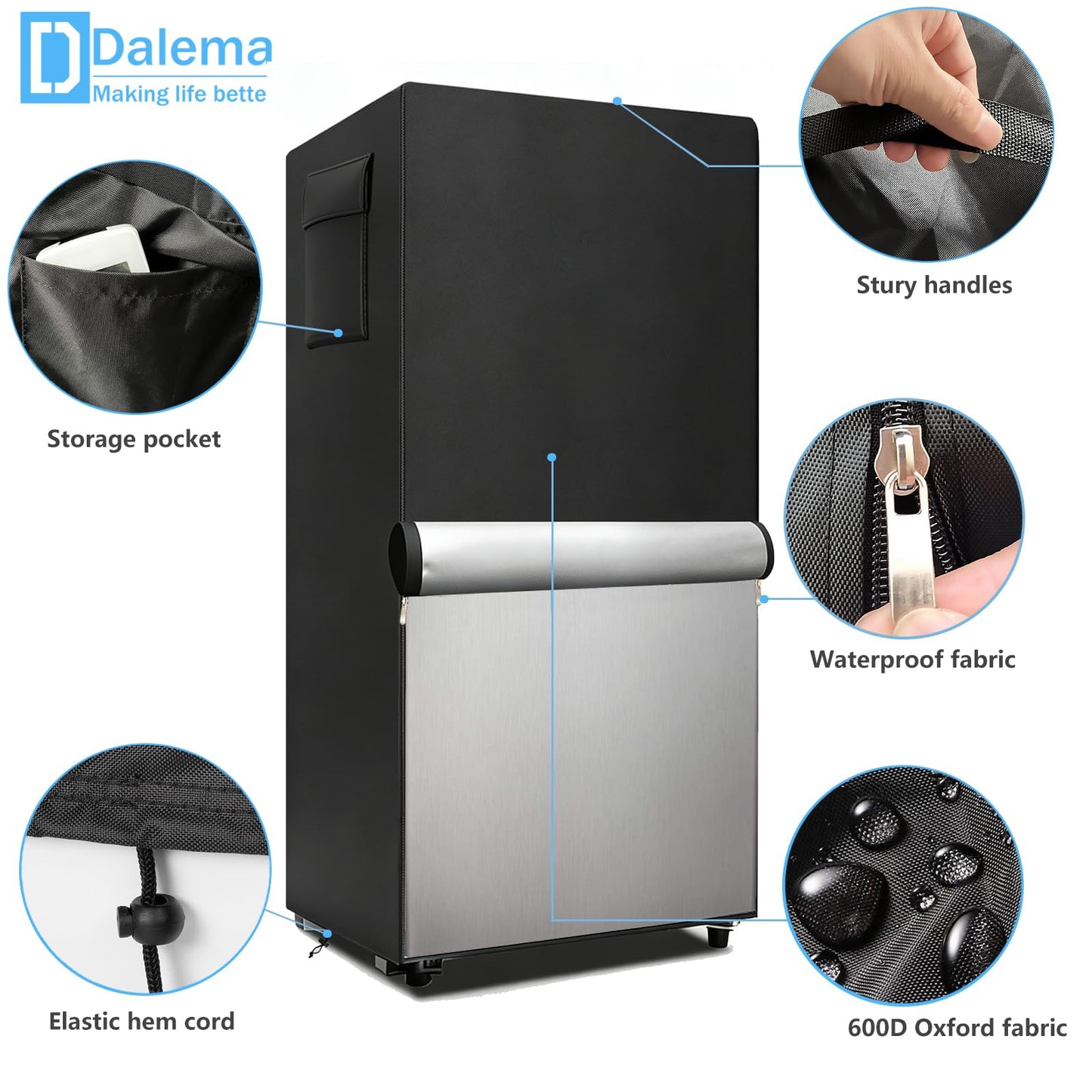 Dalema Outdoor Refrigerator Cover,600D Heavy Duty 100% Waterproof Upright Freezer Cover,Outside Stand Up Fridge Covers.Front Can Be Rolled-Up by Zippers.(Black,30" W x 33" D x 62" H)