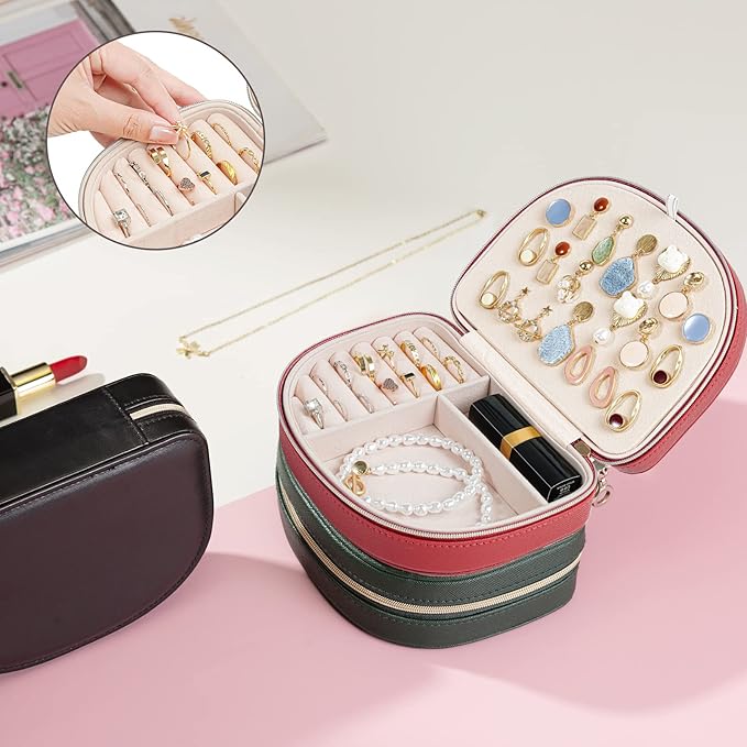 ProCase Travel Size Jewelry Box, Medium Portable Seashell-Shaped Jewelry Case, 2 Layer Jewelry Organizer in PU Leather for Women -Red
