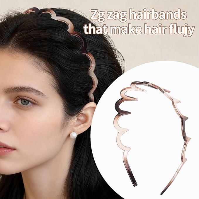 Zigzag Headbands for Women, 2-Pack U-Shaped Hair Comb Headband, Non-Slip Slick-Back Hair Accessories, Tortoiseshell & Amber Gray Recycled Plastic, Teeth Hairband for Everyday Styling & Workout
