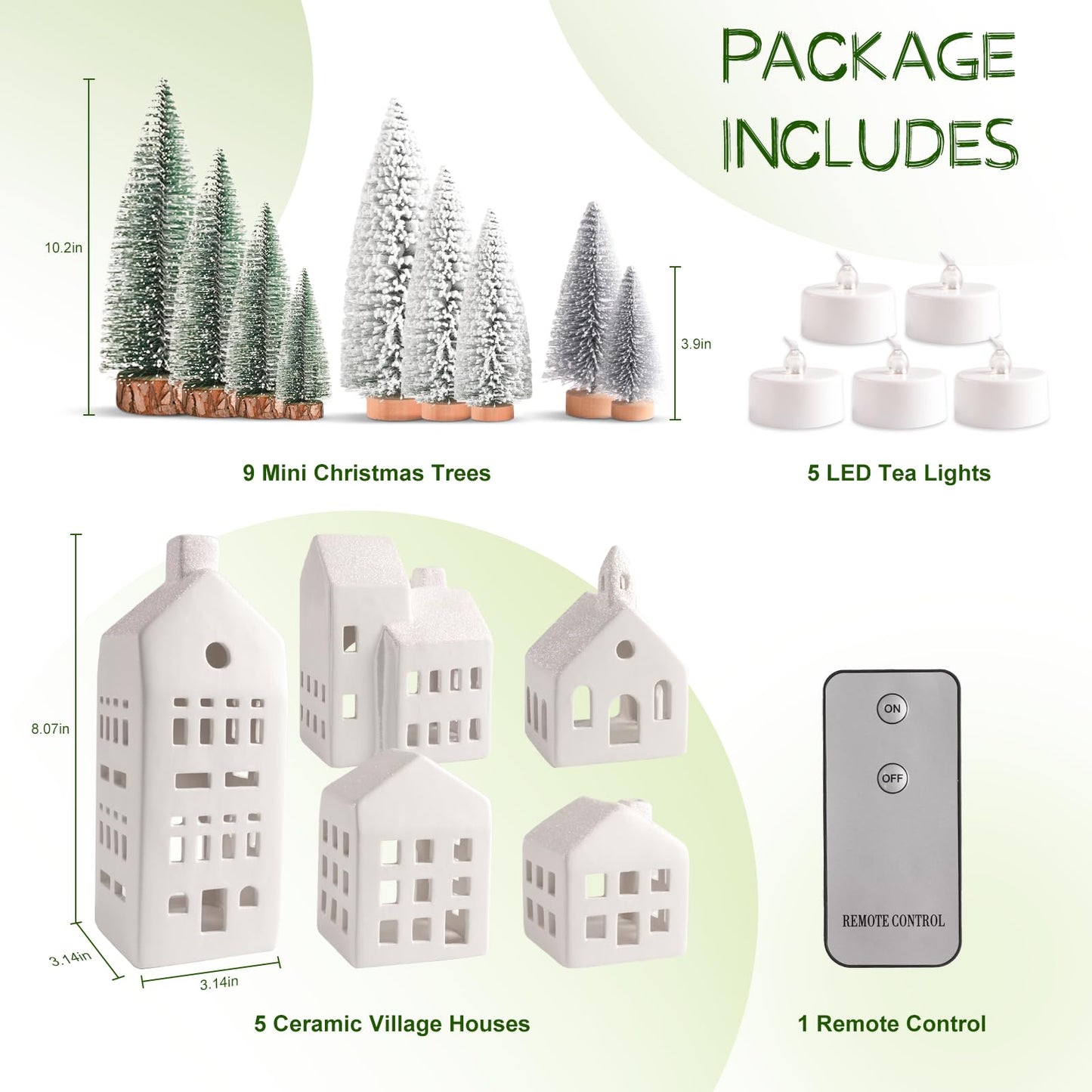 Zesua Christmas Decorations Indoor - Christmas Village Sets of 5 Ceramic Houses with LED Lights Remote and 9 Trees - Winter Rustic Farmhouse Home Holiday Xmas Decor for Mantel Tabletop Room