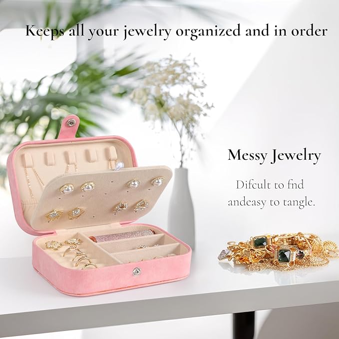 Hatori Travel Jewelry Box, PU Leather Small Jewelry Organizer for Women Girls, Portable Mini Travel Case Display Storage Holder Boxes for Stud Earrings, Rings, Necklaces, Bracelets (Pink Beige)