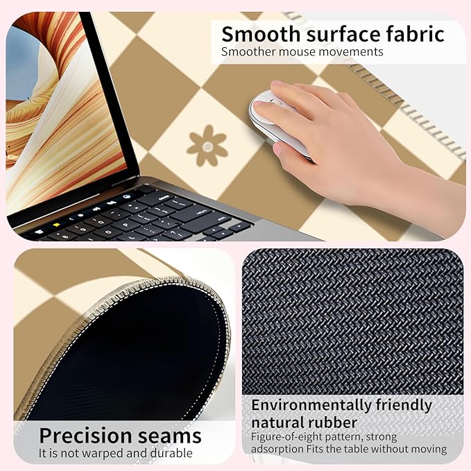 Desk Mat,Big Desk Pad,31.5 x 11.5in Extended Gaming Mouse Pad,Large Mouse Pad for Desk Rubber Base Mousepad with Stitched Edges,Keyboard Mouse Mat for Work Game Office Home - Beige Chessboard Flower