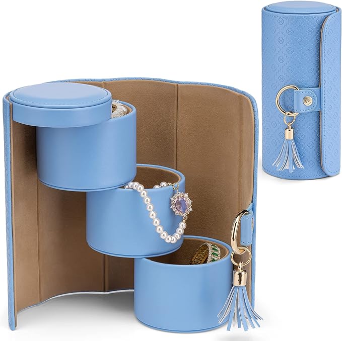 VLANDO Mother Gifts for Mom, Women, Wife - Travel Jewelry Oragnizer, 3-Layer Jewelry Storage Box, Travel Essential Accessories for Women, Gifts for Travelers Couples Mom Friends - Blue
