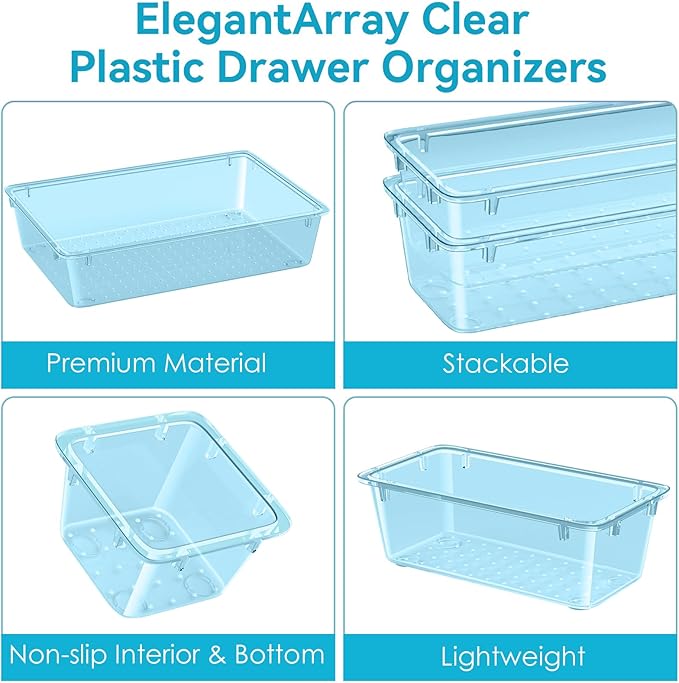 12-Piece Drawer Organizer Set, 4 Sizes Versatile Plastic Vanity Organizer for Makeup, Stationery, Gadgets, in Kitchen, Bathroom, Office, and Bedroom, Sea Blue
