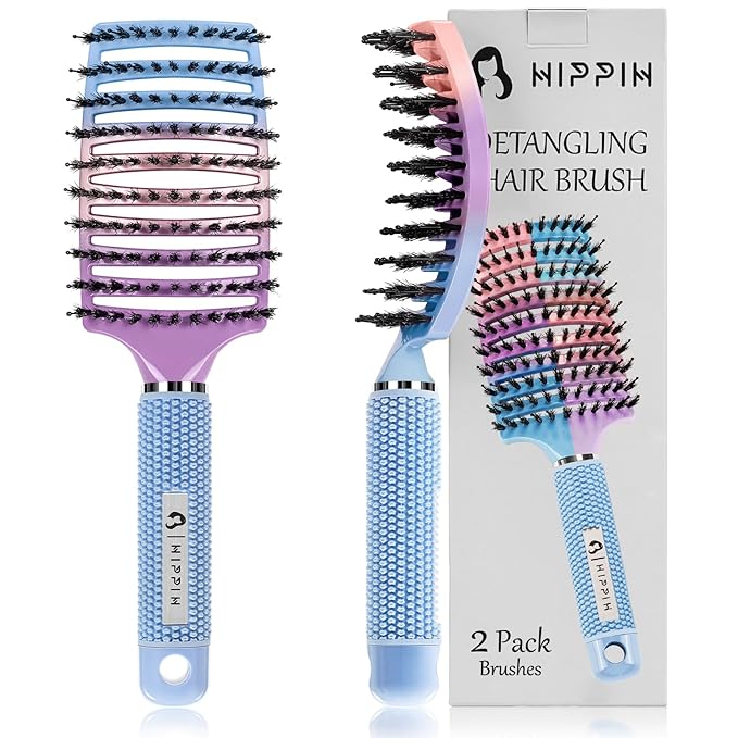 Boar Bristle Hair Brush Set of 2, HIPPIH Wet & Dry Hair Brushes Made by Fine Natural Boar Hair Can Adds Shine and Smoothing, Detangling Hairbrush for Women, Men & Kids' Long Curly Thick Hair