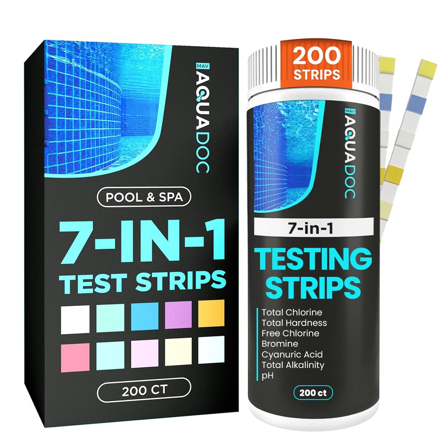AquaDoc 7-in-1 Spa & Hot Tub Test Strips - 200 Pool Test Strips for pH, Chlorine, Hardness, Bromine, Cyanuric Acid, Alkalinity