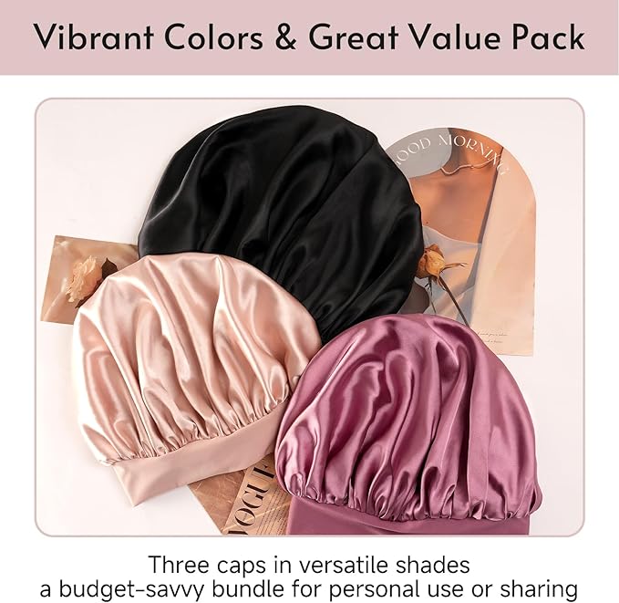 Yanideer 3 pcs Adjustable Satin Bonnets for Sleeping Double Layer Satin Lined Hair Bonnet with Tie Band for Women Curly Hair