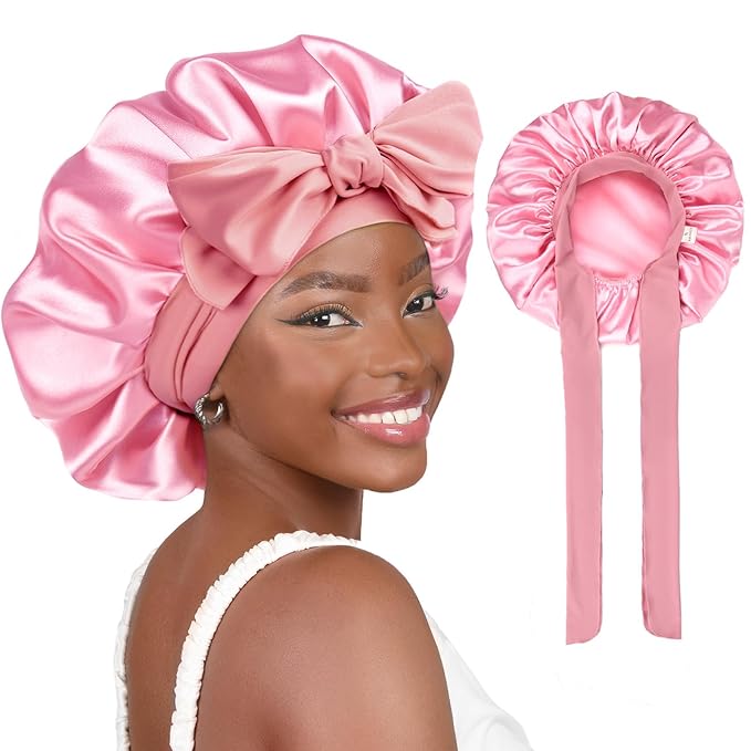 Yanibest Adjustable Satin Bonnet for Sleeping, Double Layer Silk Hair Bonnet with Tie Band for Unisex Women Men Curly Natural