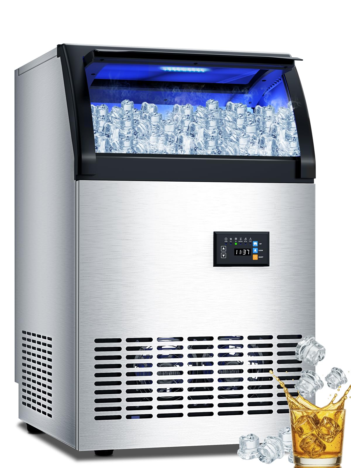 Commercial Gourmet Ice Maker Machine, 115 Lbs/24H, 55 Lbs Storage, Stainless Steel Freestanding/Under Counter Ice Machine with Water Filter & Scoop for Office, Bar, and Restaurant
