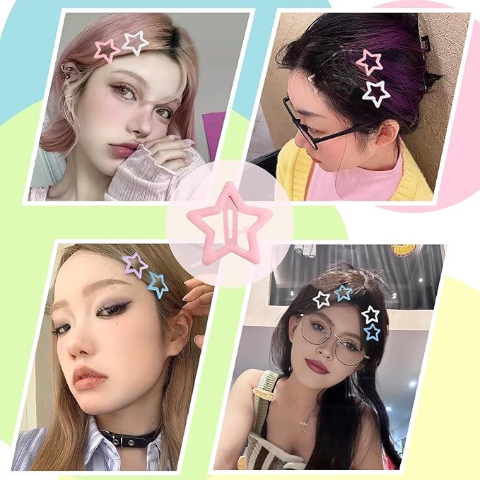 50pcs Cute Star Hair Clips - Metal Snap Non Slip Star Barrettes for Women - Black, White, Pink, Purple, Blue