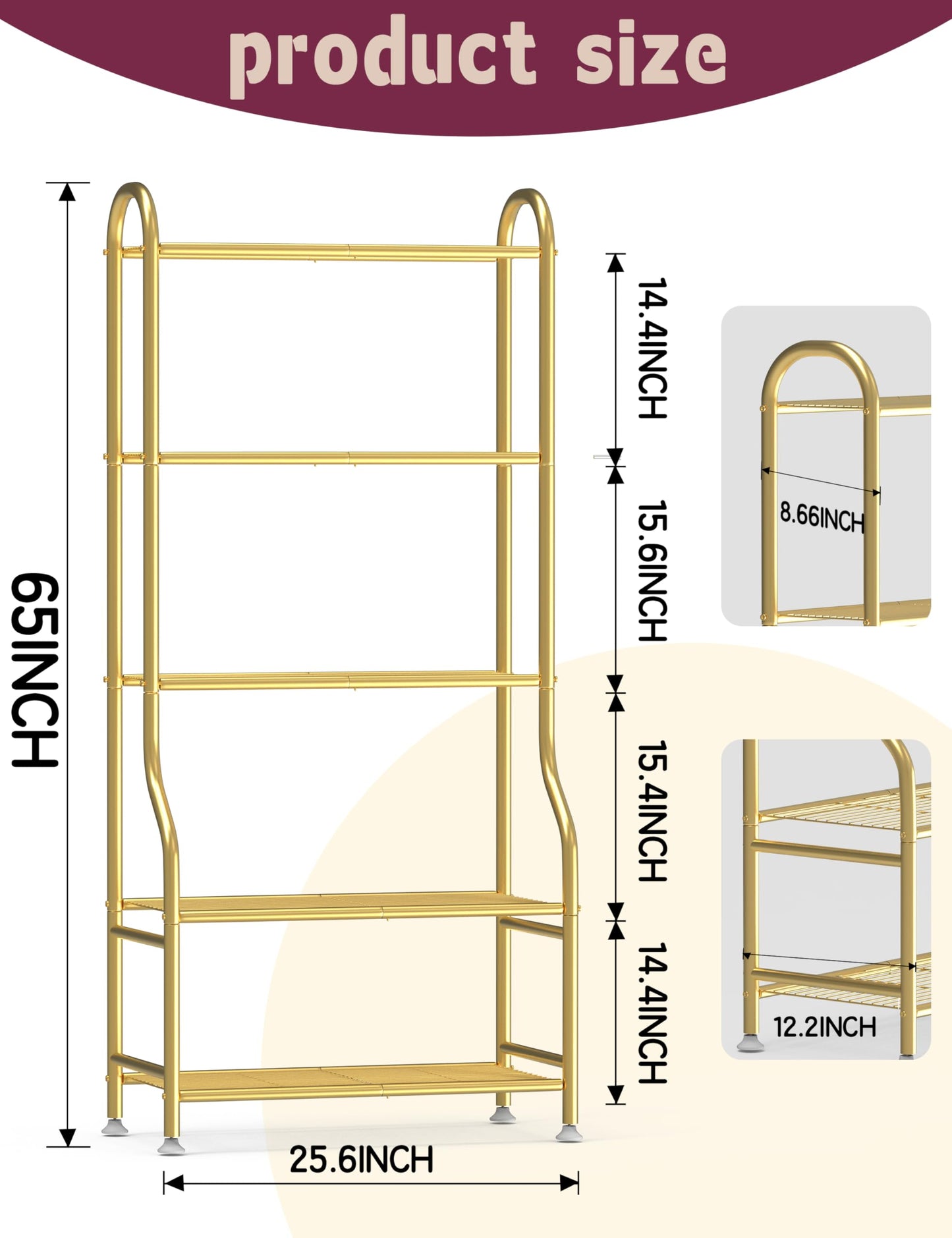 Yutrchey 5-Tier Metal Plant Stand - Heavy Duty Indoor Outdoor Flower Shelf for Multiple Pots, 65" Tall Vertical Holder with Adjustable Leveling Feet & Wall-Fixing Kits, Gold