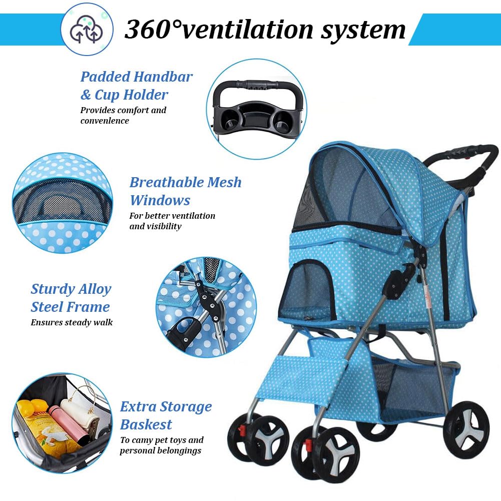 LWWJJ Pet Stroller 4 Wheels, Multifunction Dog Cat Jogger, Folding Lightweight Travel Stroller with Detachable Carrier & Cup Holder for Small/Medium Dogs and Cats, Navy Blue