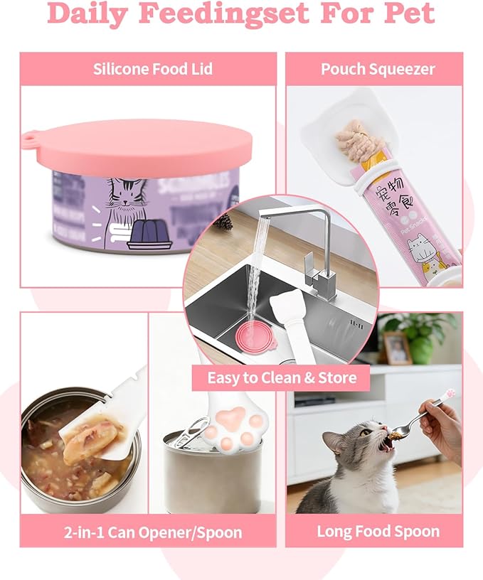 6 PCS Cat Food Can Covers Set, Reusable Silicone Can Lids with Opener, Stainless Steel Wet Food Spoon & Cat Treat Squeezer for Pet Feeding and Storage, Fits Cats & Dogs