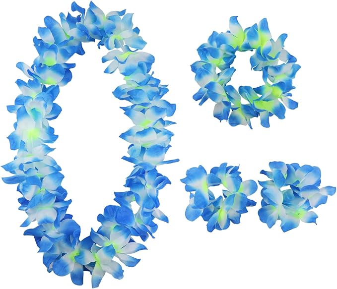 Hawaiian Leis Set,Hawaiian Luau Flower Leis Necklace Headband Bracelets Set,Essential Party Decorations for Birthday, Graduation, and Wedding Celebrations (Blue)