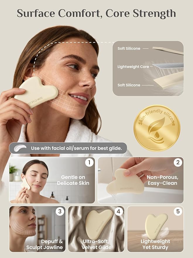 Rena Chris Gua Sha Facial Tools: Soft Silicone Guasha Tool for Face Acupuncture Therapy, Facial Massager for Jawline Sculpting and Puffiness Reducing (Peach)