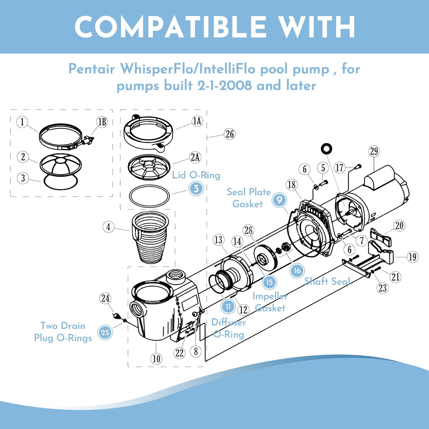 O-Ring Rebuild Repair Kit, for Pentair WhisperFlo/IntelliFlo Pool Pump Seal Gasket, Drain Plug/Lid/Diffuser O-Rings, Impeller Gasket, PS-1000 Shaft Seal, Fits Pumps Built 2-1-2008 and Later Series