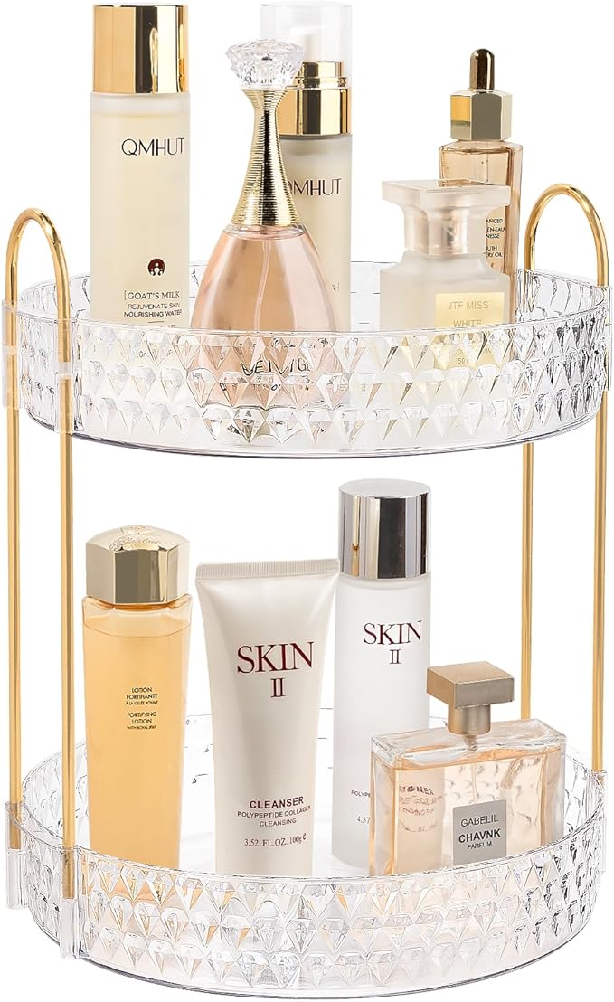 Rotating Makeup Organizer for Vanity, 2 Tier Perfume Skincare Storage for Women, Bathroom Counter Organizer, 360ÃÂ° Spinning Cosmetic Holder for Dresser Countertop, Clear