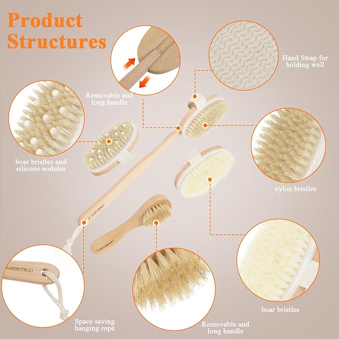 Dry Brushing Body Brush Set with Long Handle, Natural Boar Bristle Body & Face Brush, Wooden Detachable Scrub Brush, 3 Brush Heads for Exfoliating & Body Care
