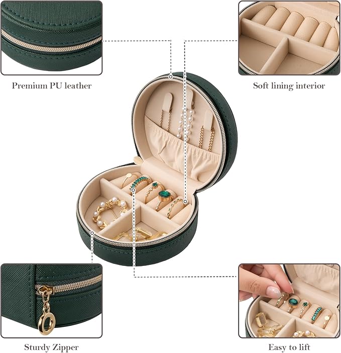 ProCase Travel Size Jewelry Box, Mini Portable Seashell-Shaped Jewelry Case, 2 Layer Organizer in PU Leather for Women -Emerald