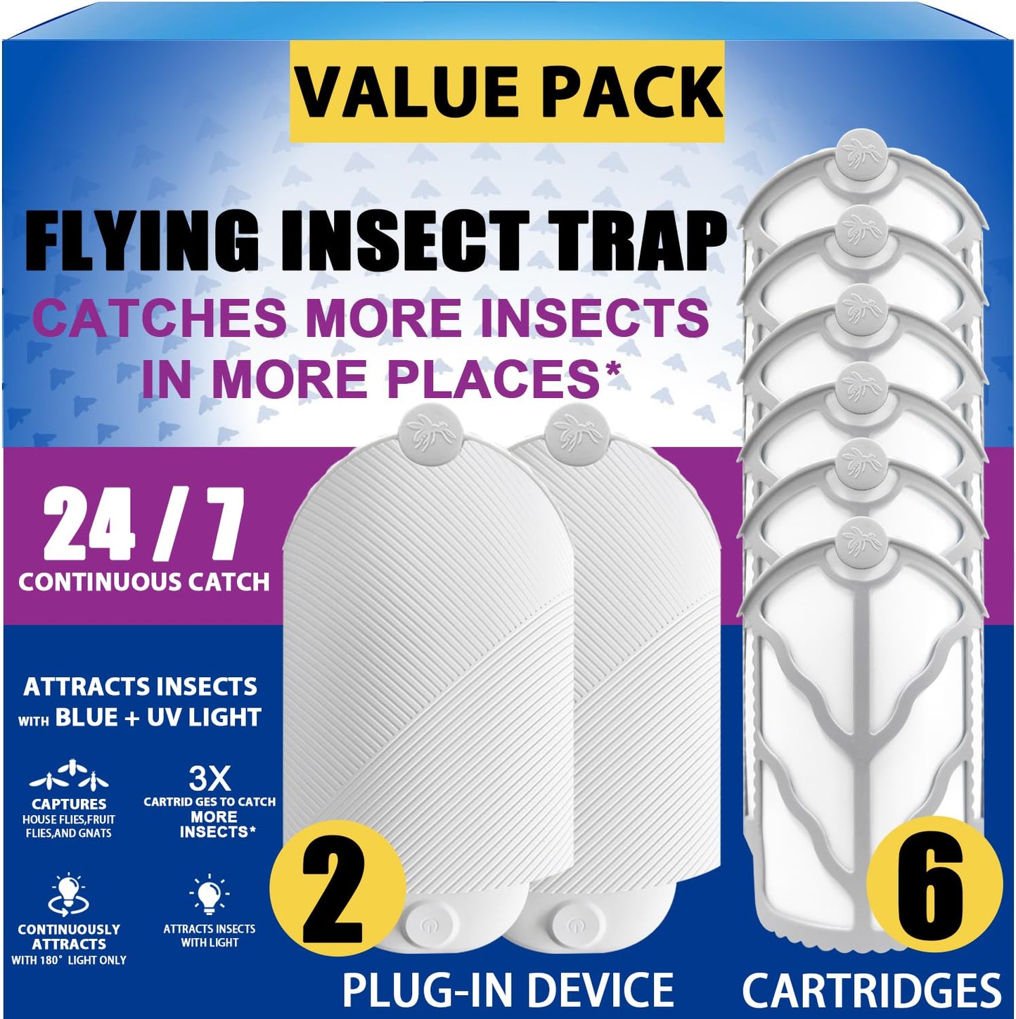 Flying Insect Trap for Indoor Use (2 Staters & 6 Refill Cartridges), UV Light Bug Catcher for Fruit Flies, Gnats & Small Flying Pests, Silent, No-Zap, Mess-Free