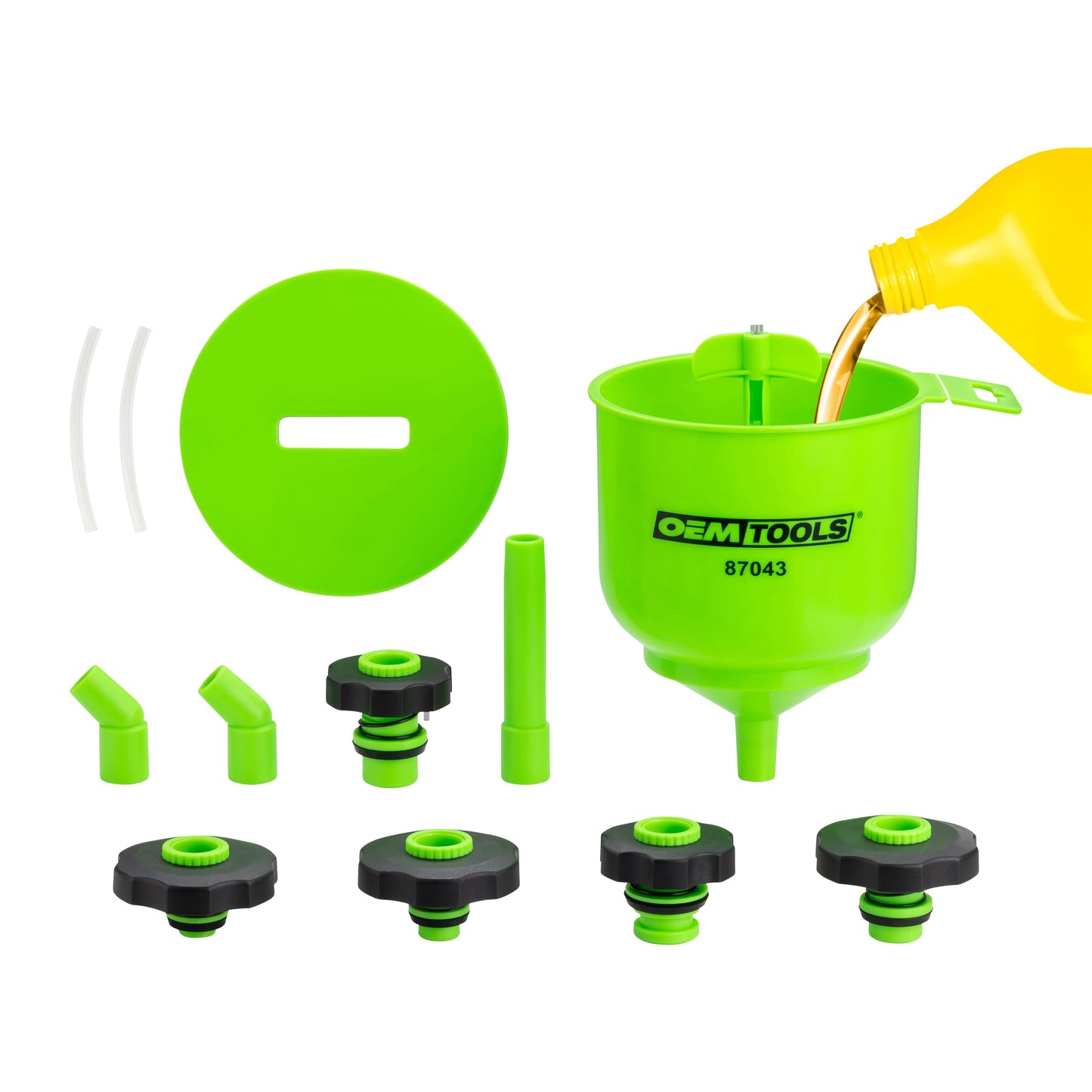OEMTOOLS 87043 No-Spill Professional Quality Coolant Funnel Kit, Easily Fill Antifreeze Coolant Set Includes 5 Adapters, Extensions, and Automotive Funnel, Air Venting, Drip-Free, Green