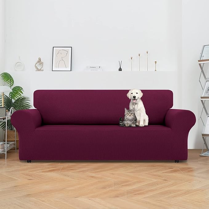 LURKA Stretch Oversized Sofa Slipcovers 1 Piece Couch Covers for 3 Cushion Couch Sofa Furniture Protector Full Sofa Covers with Elastic Bottom for Kids and Pet (X-Large, Wine)